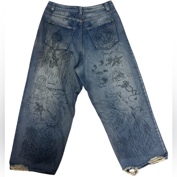 Jaded London Blue Baggy Graphic Graffiti Jeans - Picture 2 of 5